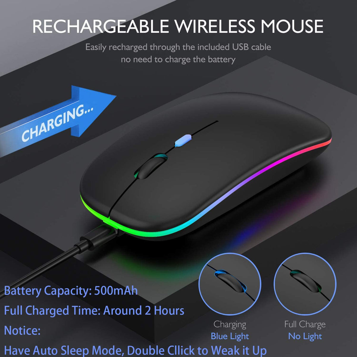 Verilux Wireless Bluetooth Mouse with 800‑1600 DPI and Dual Mode Connectivity for PC | Rechargeable RGB Laptop Mouse