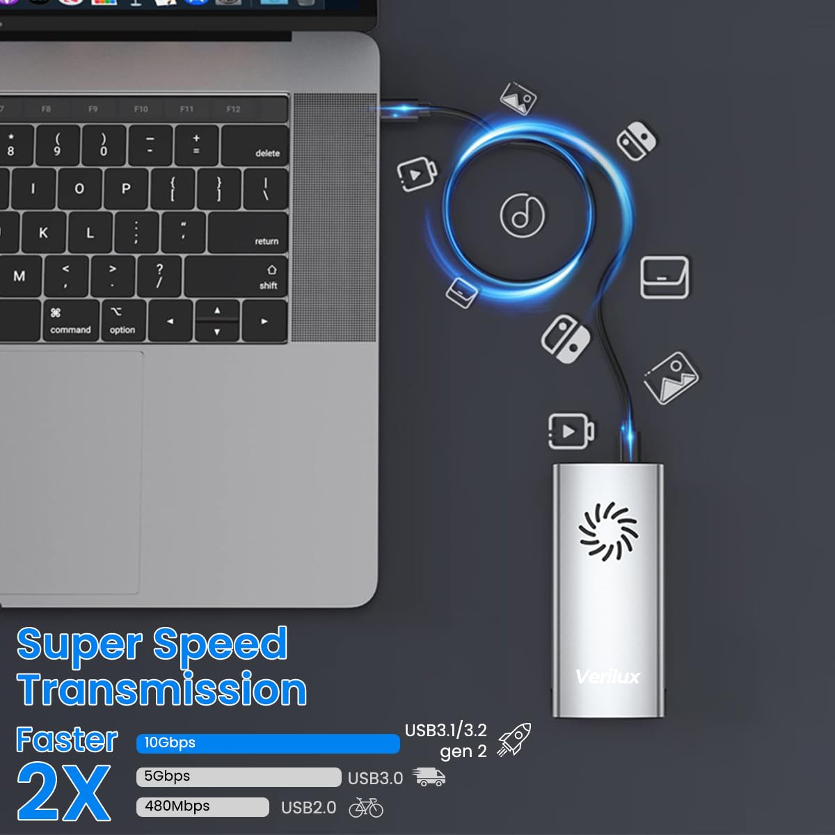 Verilux M.2 NVMe SSD Enclosure for 2230–2280 Drives with Cooling Fan and USB 3.1 10Gbps Speed