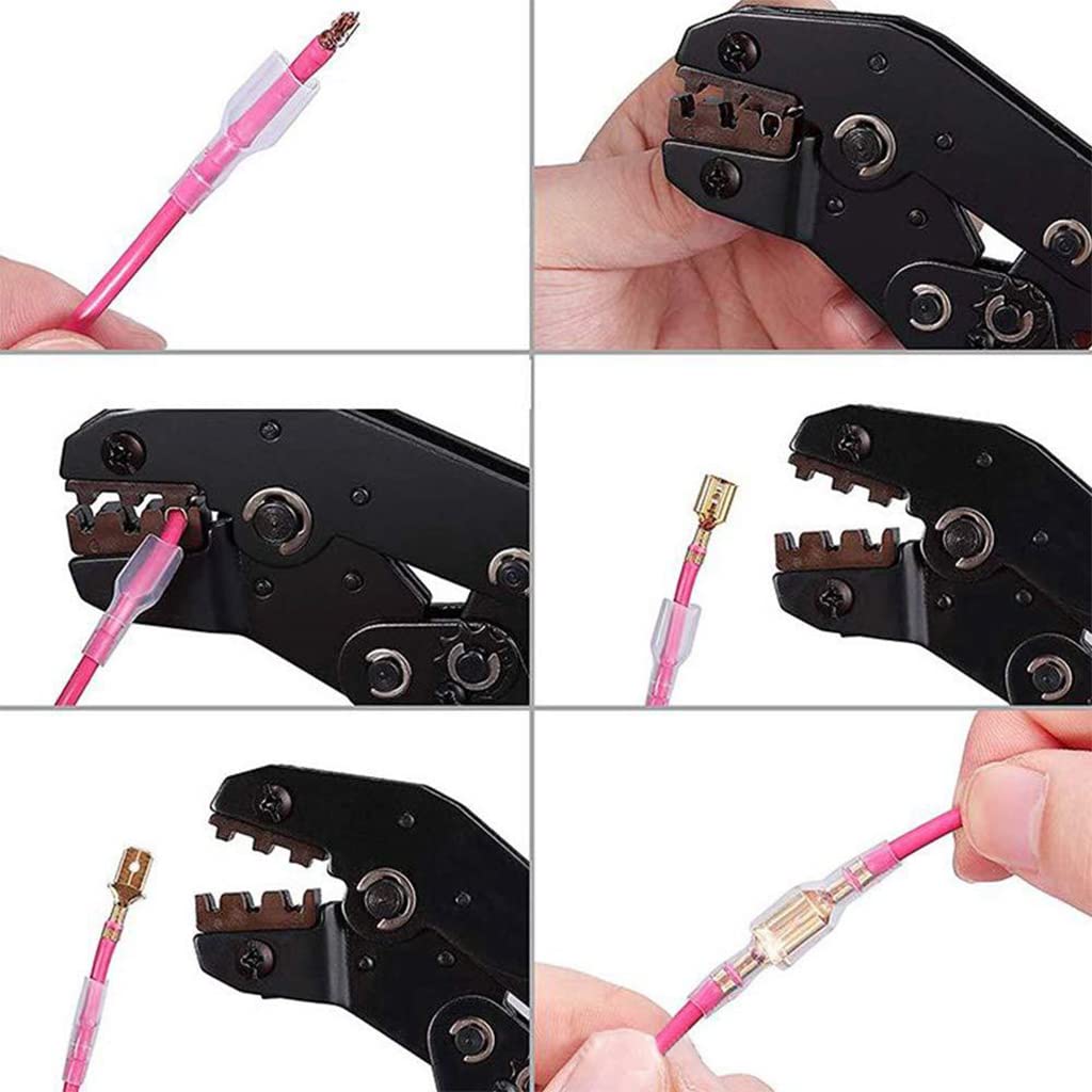 Serplex® Crimping Tool Kit, Adjustable Ratcheting Crimper Pliers with 600 Spade Connectors, Alloy Steel, AWG 22-16, for Home, Auto, and Audio Systems, 300 Wire Crimp Terminals and Sleeves