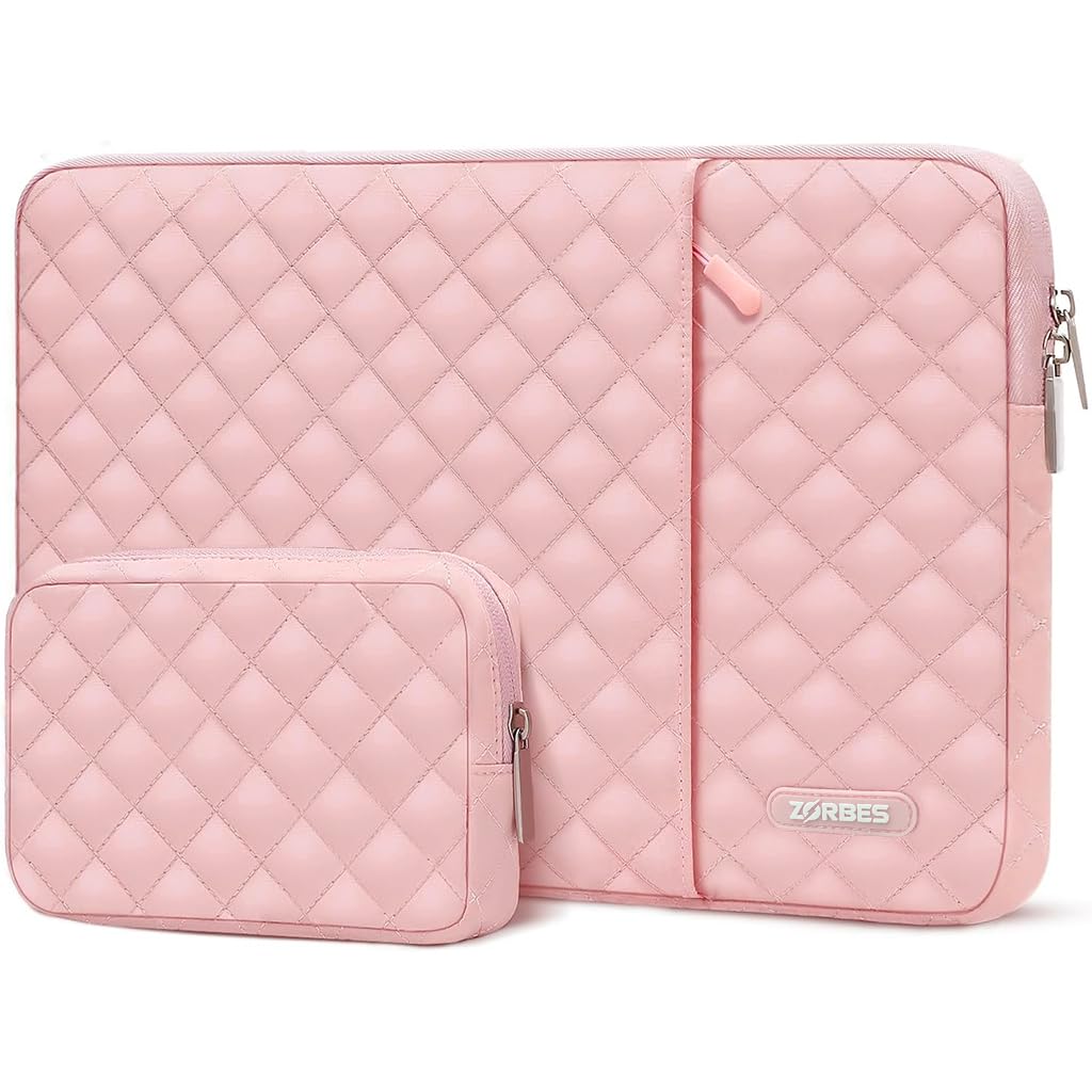 ZORBES® 15'' Laptop Bag & SSD Pouch, Set of 2 Fashion Quilting Padded Laptop Bag with Zipper Compartment, Waterproof Anti-scratch Travel Laptop Bag, Universal fit for 15-15.6'' Laptop, Pink