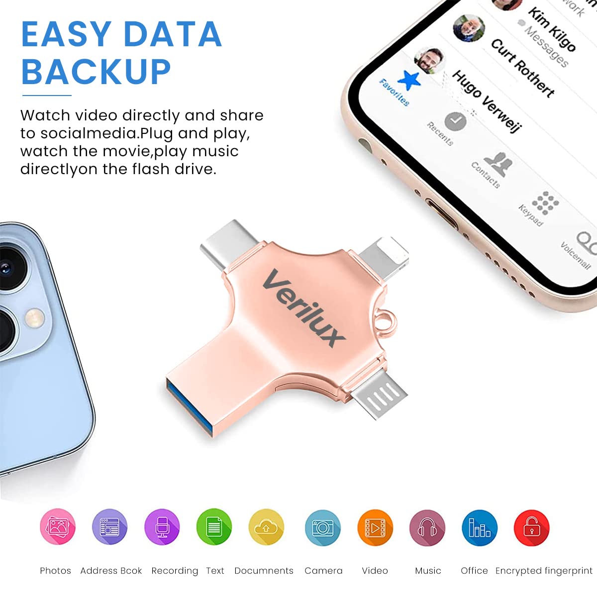 Verilux Flash Drive 64GB for Phone Pad and PC with 4 in 1 USB Type C Lightning | Rose Gold