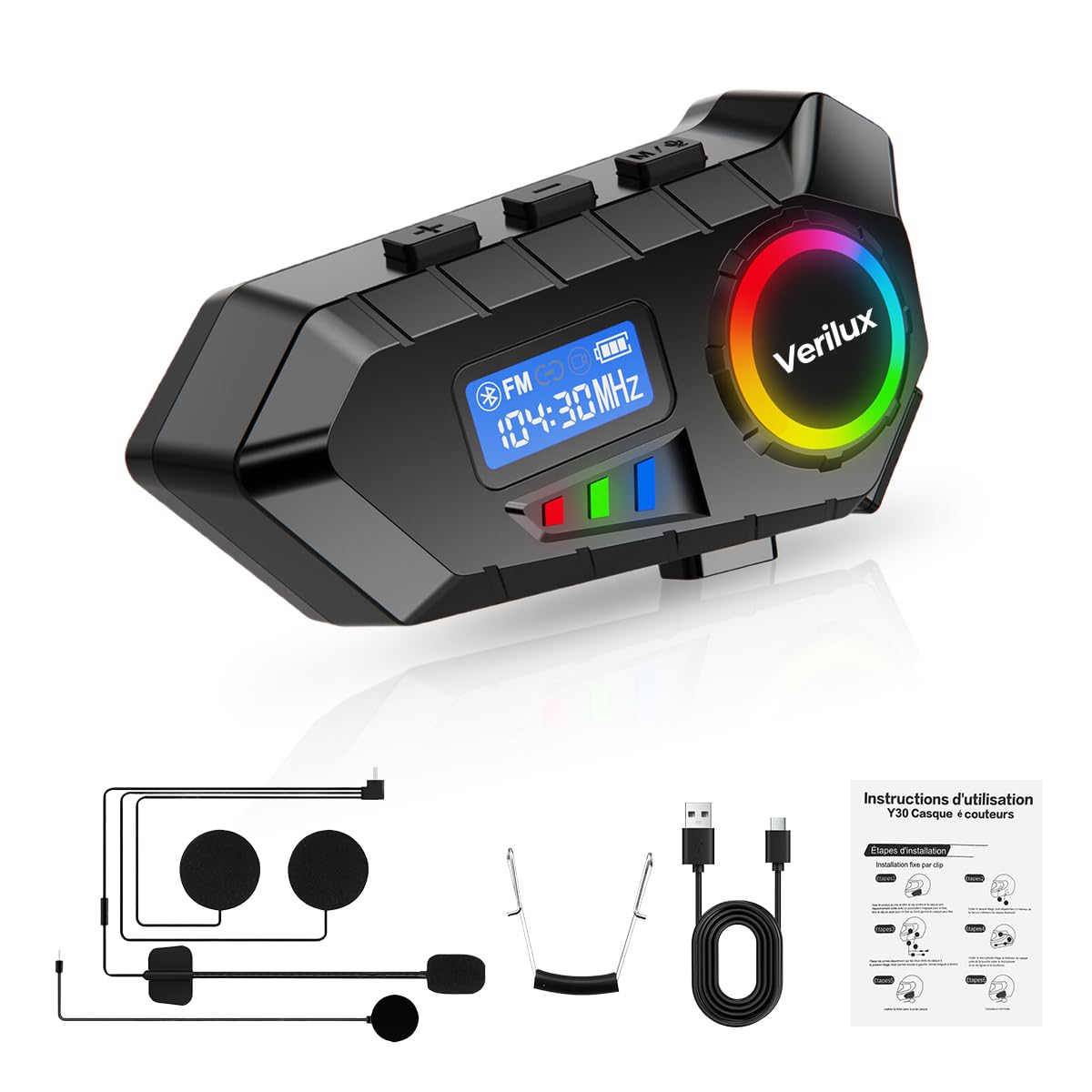 Verilux Bluetooth Helmet Headset for Motorcycles and Outdoor Sports featuring Noise Reduction Mic & LCD Display | IP65 Waterproof with 10 m Range