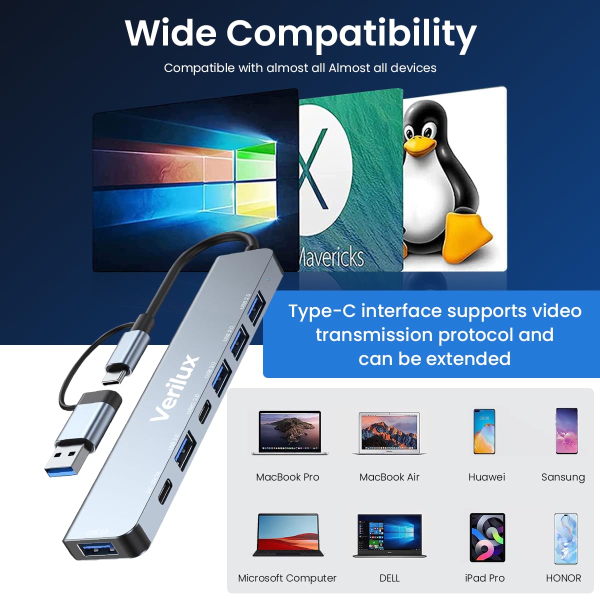 Verilux® USB Hub USB C Hub with USB Adapter 7 in 1 USB Hub for Data Transfer Universal USB C Hub with USB 3.0 Port & 3 USB 2.0 Ports, USB C Port Compatible with Laptop, MacBook Air, Mac Mini/Pro