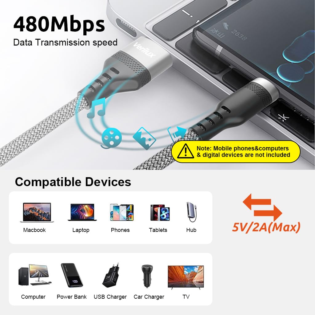 Verilux® 10Ft/3M USB to Type C Cable, 5V/2A C Type Cable Fast Charging Nylon Braided Data Cable, Support 480Mbps Data Transmission Compatible with Phone, Tablet, Ps5 & More C Type Device, Silver 3 PCS