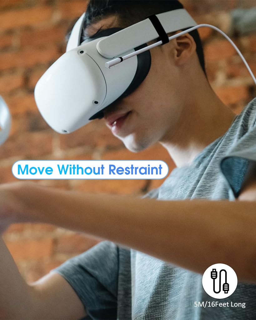 Verilux Link Cable for Meta Quest 3 2 Pro and PC VR featuring 16.8 ft length and L shaped USB C design