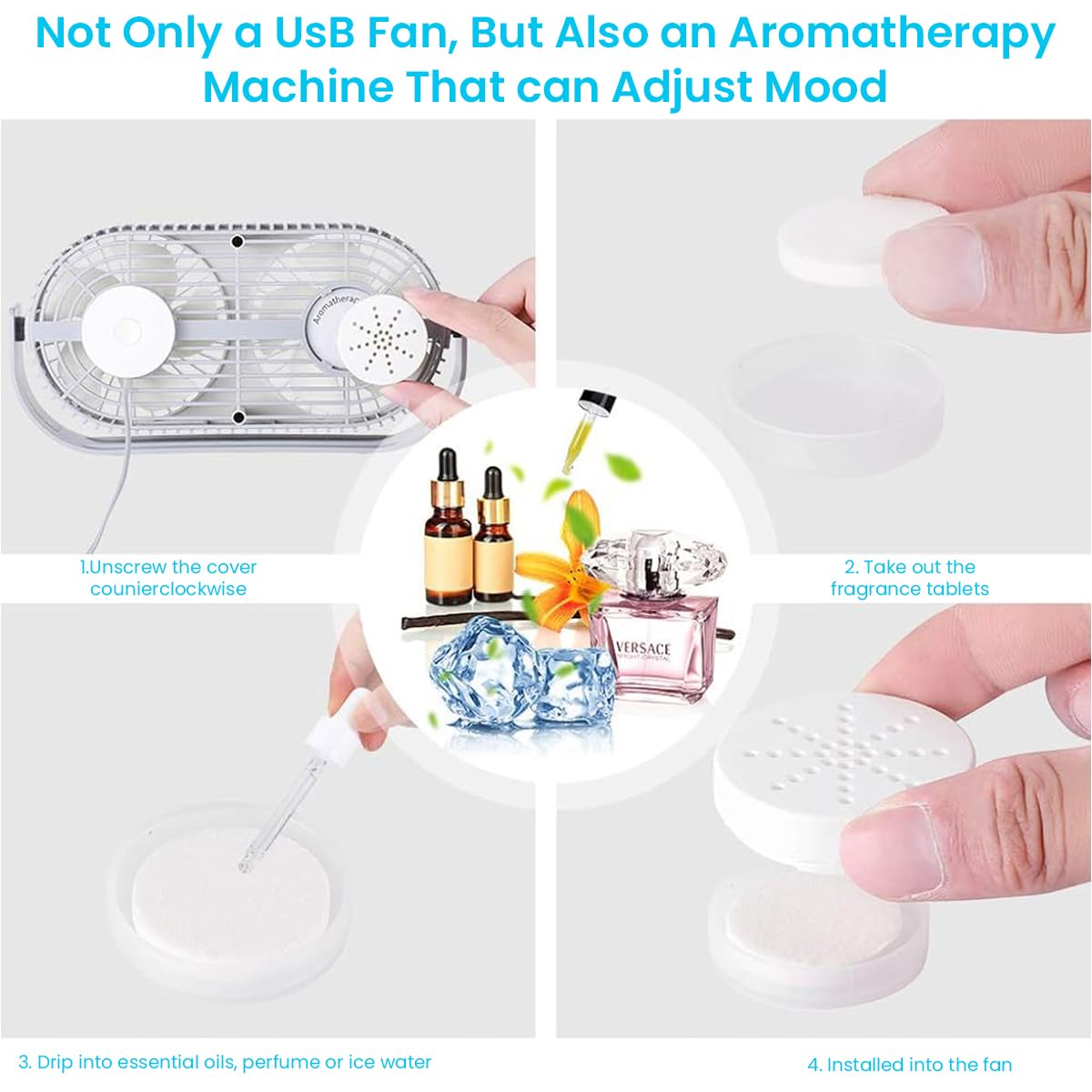 Verilux Table Fan for Home and Office with Dual Fan Aromatherapy Design | 26×15×5 cm Portable USB Cooling