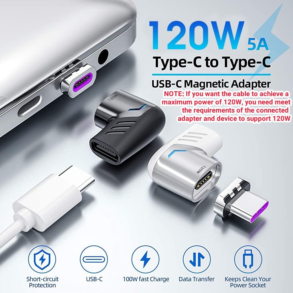 Verilux Magnetic USB C Adapter for Laptops and Smartphones featuring 120W PD Fast Charging | 90° Zinc Alloy Connector