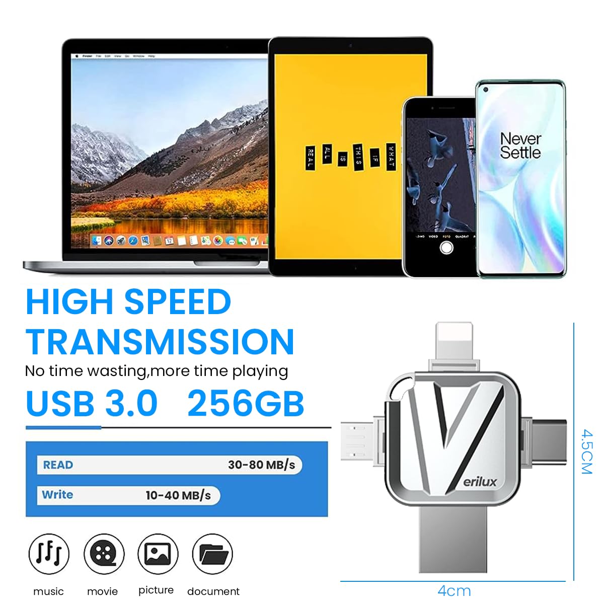 Verilux Pendrive 256GB for iPhone and Android featuring 4 in 1 USB3.0 Type C Design | Metal Body
