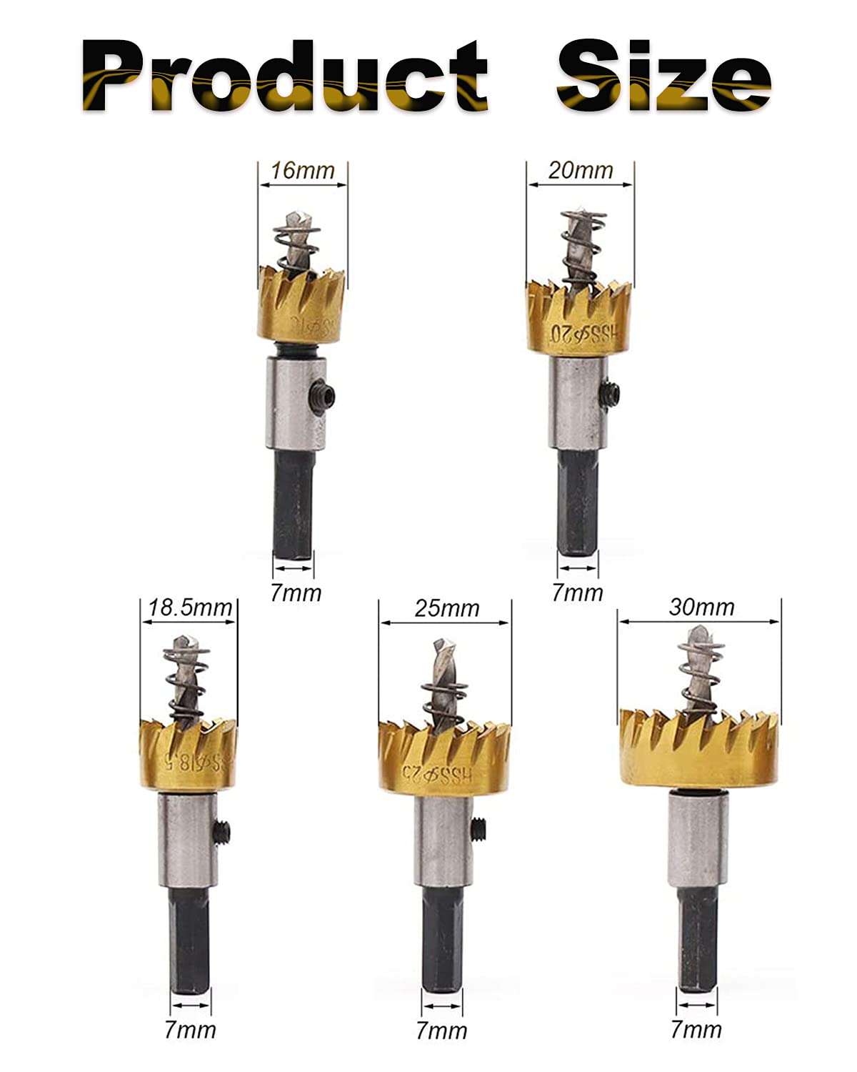 Verilux® Gold 5 Pcs Stainless Steel,Metal Alloy High Speed Hole Saw Drilling Tools Bit Set for Metal Sheet, Wood Piece, Plastic 16mm, 18mm, 20mm, 25mm, 30mm