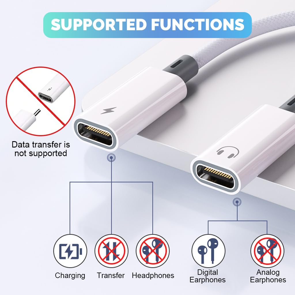 Verilux USB C Splitter Adapter with 60W PD Fast Charging and Type-C Audio Support | Nylon Braided Cable