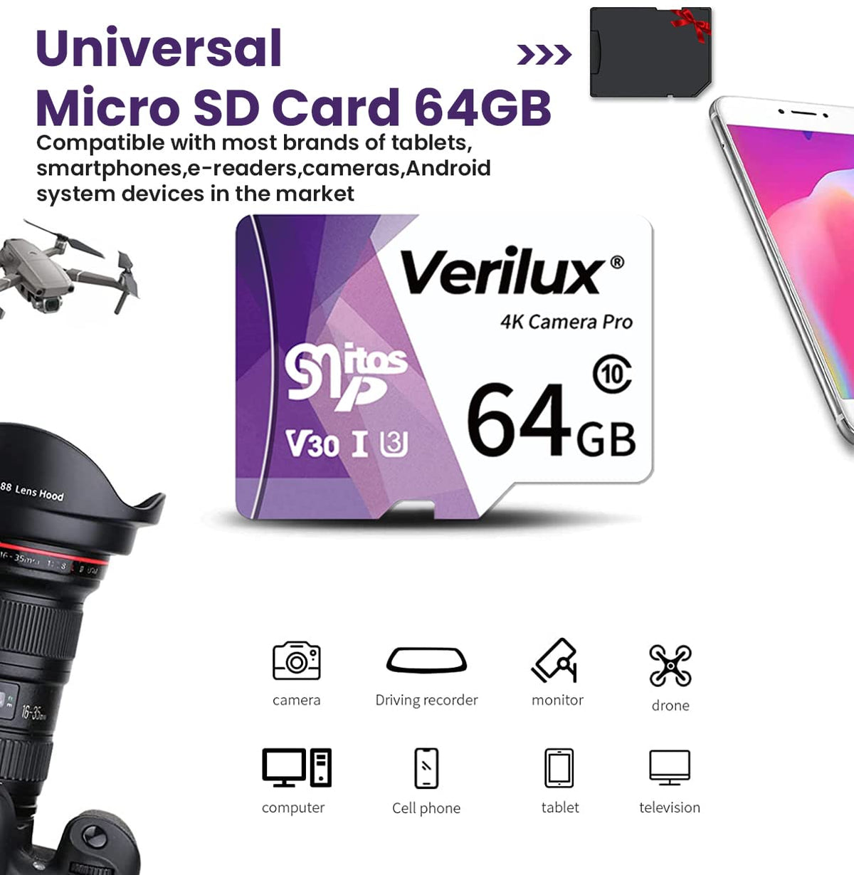 Verilux Memory Card 64GB for Nintendo Switch and Android Devices with 100MB/s Read Speed | Waterproof Shockproof and X-Ray Proof