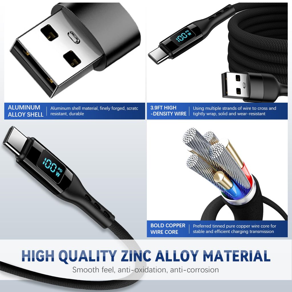 Verilux 2 in 1 Type C Cable with 100W Fast Charging and LCD Power Display | 3.9Ft Nylon Braided