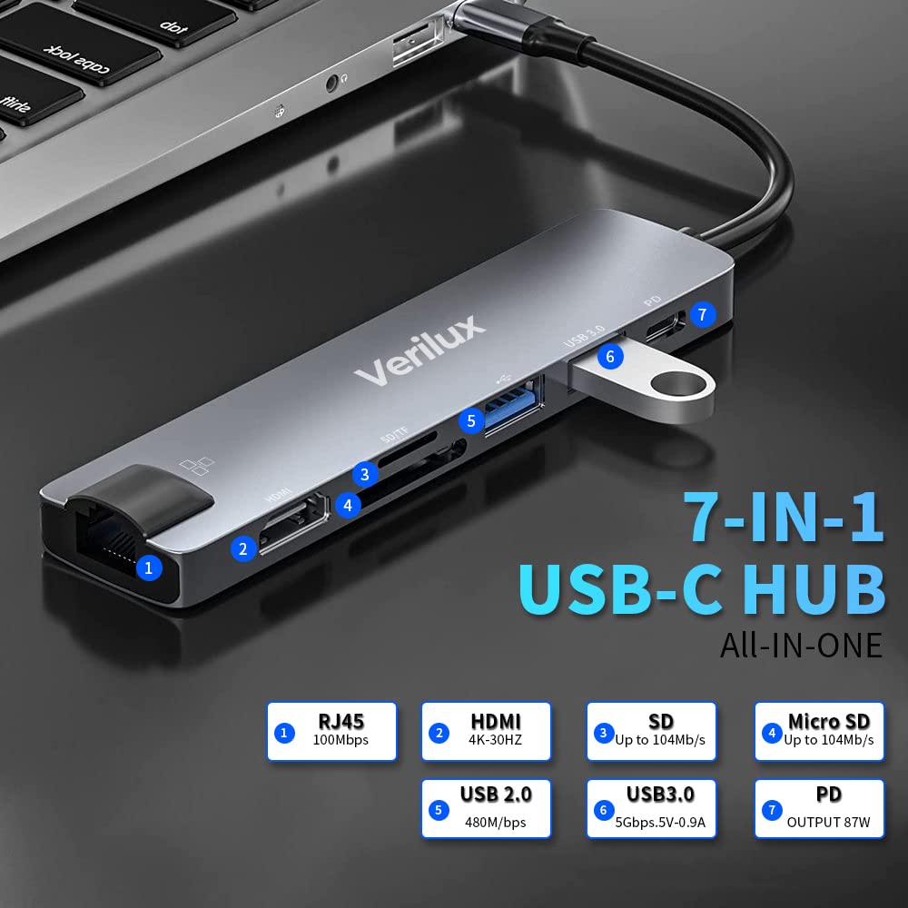 Verilux USB C Hub for Laptop with 7 in 1 Ports and 4K HDMI | 87W PD and Ethernet Adapter