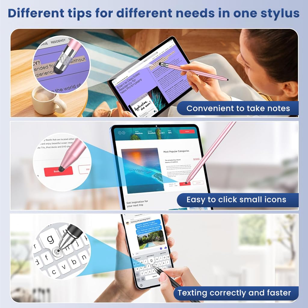 ZORBES® 2PCS 3 in 1 Stylus Pens for Touch Screens with 8Pcs Replacement Rubber Tips & 2 Disc Tips, High Sensitivity & Precision Capacitive Stylus Pencil for Apple iPad iPhone Tablets