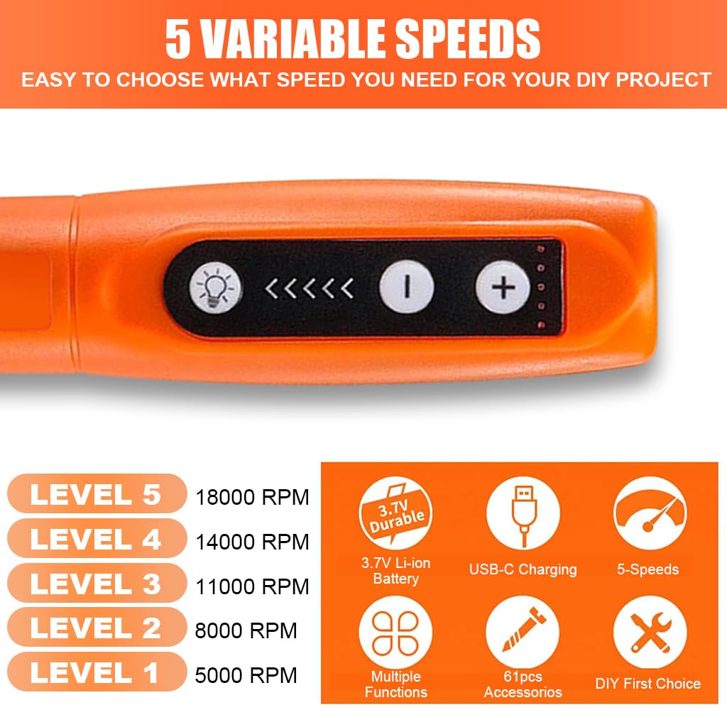 Verilux® Mini Cordless Rotary Tool, 5-Speed and USB Charging Rotary Tool Kit with Accessories & Carrying Case, Multi-Purpose 3.7V Polishing Tool for Sanding, Polishing, Drilling, Engraving, DIY Crafts