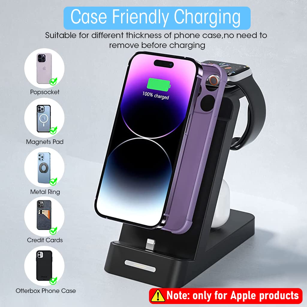 ZORBES® Charging Station for iPhone, for Airpods, for iwatch, 3-in-1 Charger Station with Power Adapter, Fast Wireless Charger Stand for 14/13/12/11/iPhone X/SE Series, Airpods, AirPods Pro, iwatch