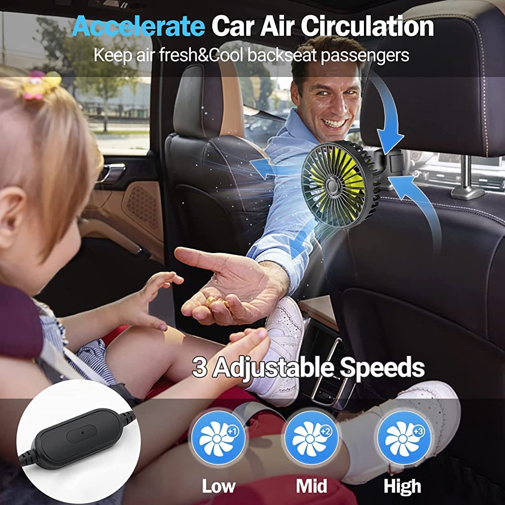 Verilux USB Fan for Car Back Seat with 3 Speed Rotatable Design and Plug and Play | 3 PCS
