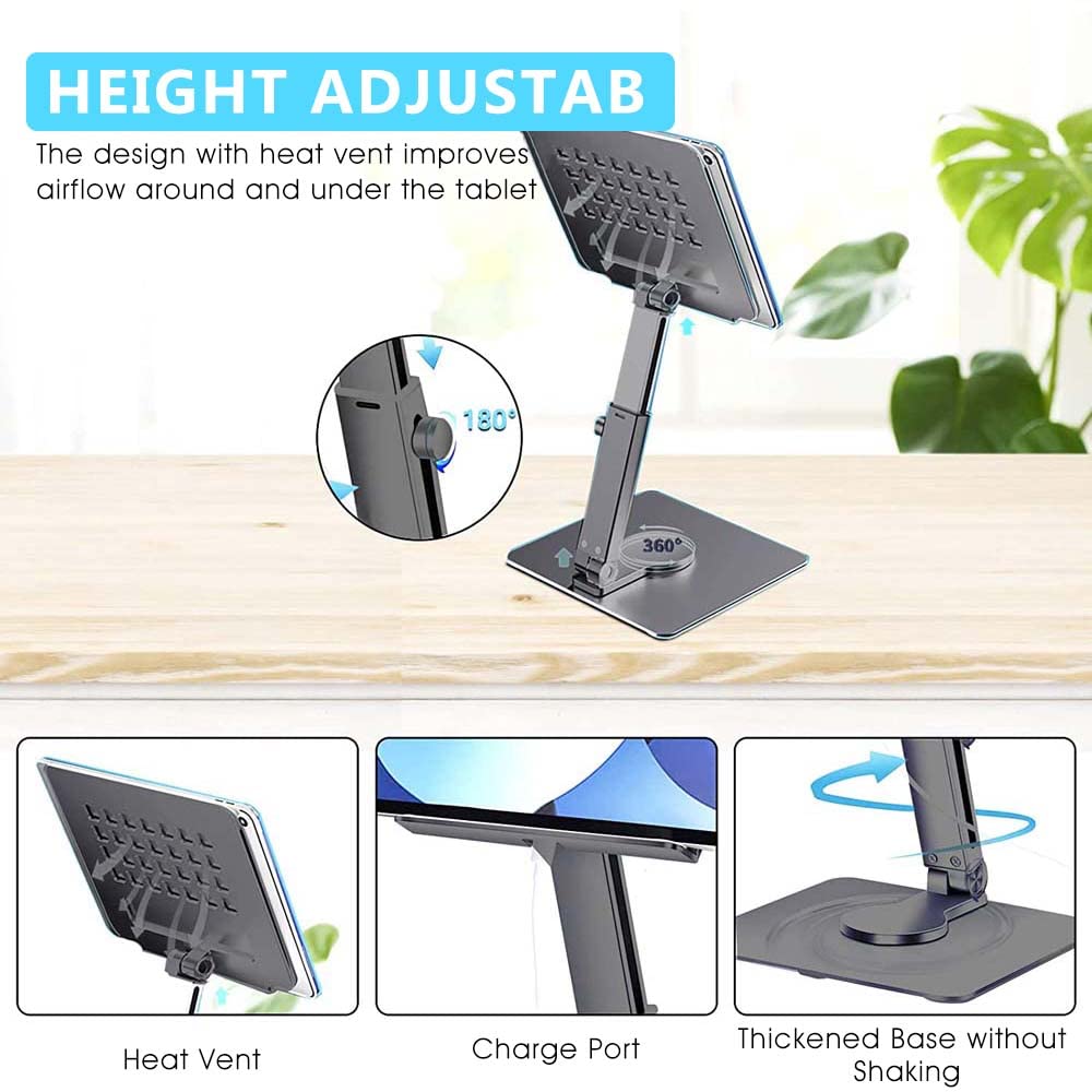 Verilux Tablet Stand for Desk with 360° Adjustable Height and Rotatable Design | Aluminum Alloy Holder for Tablets up to 13 in