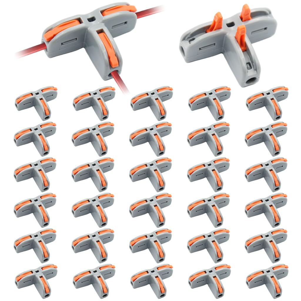 Serplex® 30Pcs T-Shape 3 Way Wire Conductor Quick Cable Splitter Electrical Connectors Push-in Terminal Block Universal Wire Connectors for AWG 28-12 Cable