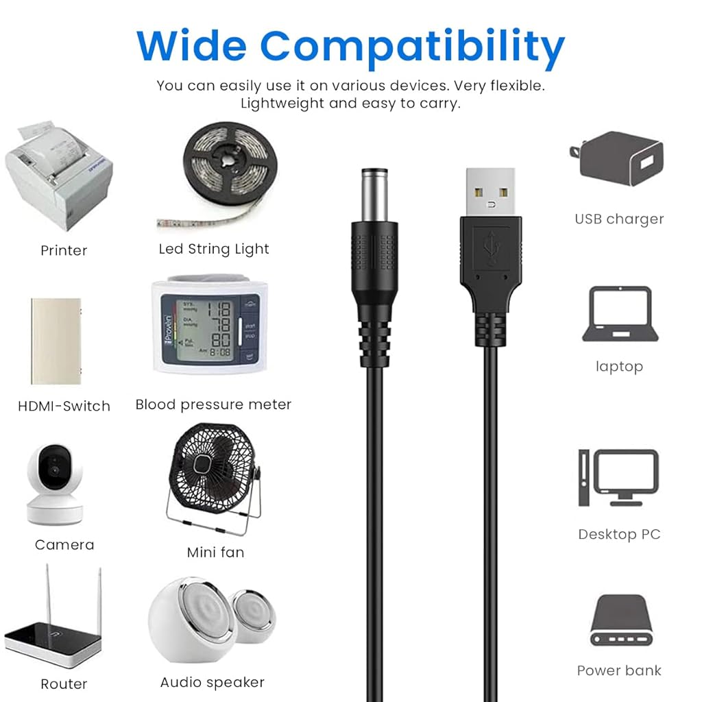 Verilux® USB to DC 5V Power Cord, Universal DC 5.5x2.1mm Plug Jack Charging Cable with 10 Connector Tips(5.5x2.5, 4.8x1.7, 4.0x1.7, 4.0x1.35, 3.5x1.35, 3.0x1.1, 2.5x0.7, Micro USB, Type-C, Mini USB)