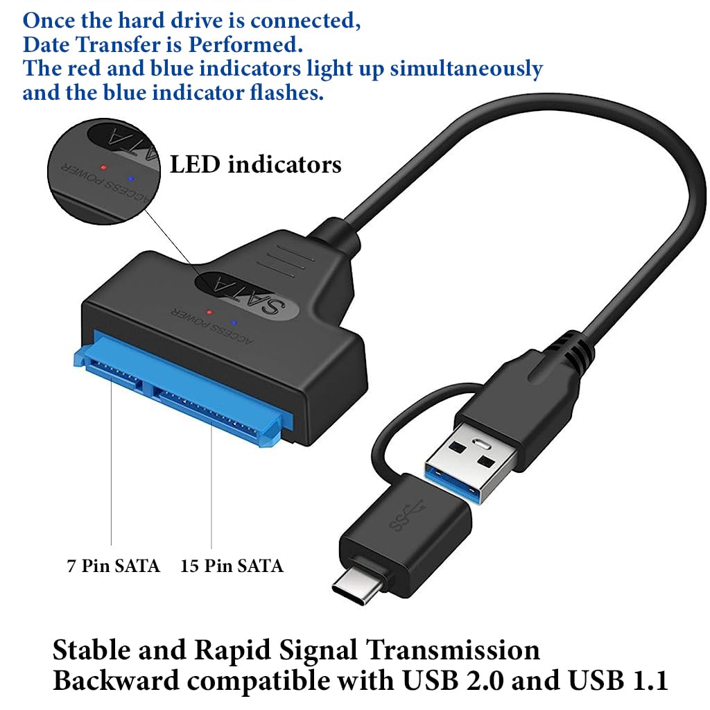 ZORBES® USB 3.0 to SATA Adapter Cable for 2.5" SSD HDD Drives, USB 3.0 / Type-C to SATA Cable for 2.5-Inch SATA I/II/III Hard Drive, Support UASP SATA III