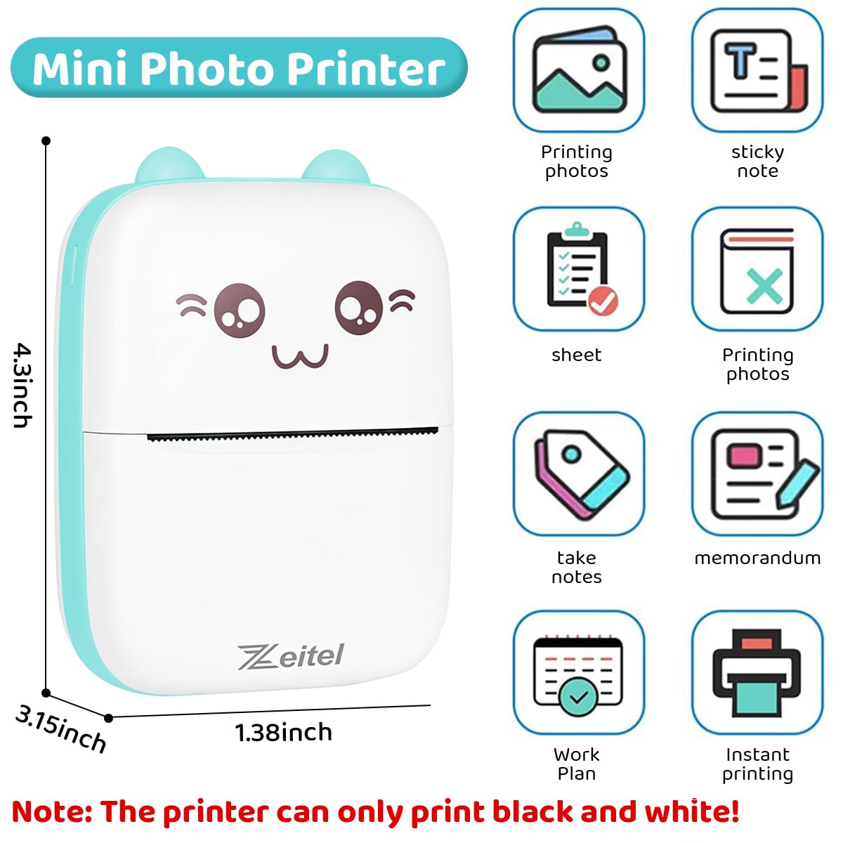 Zeitel® Portable Bluetooth Thermal Printer, Wireless Inkless Mini Printer for Android & iOS