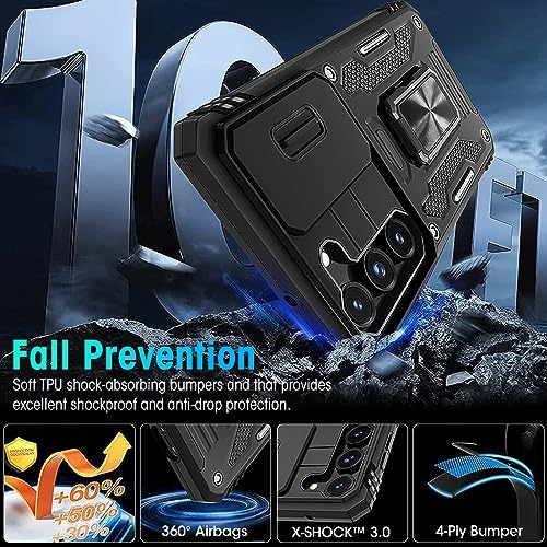 ZORBES® Phone Case for Samsung Galaxy S23 with Rotatable Kickstand Grip Hard PC Sliding Camera Cover Anti-Scratch Black 2 PCS