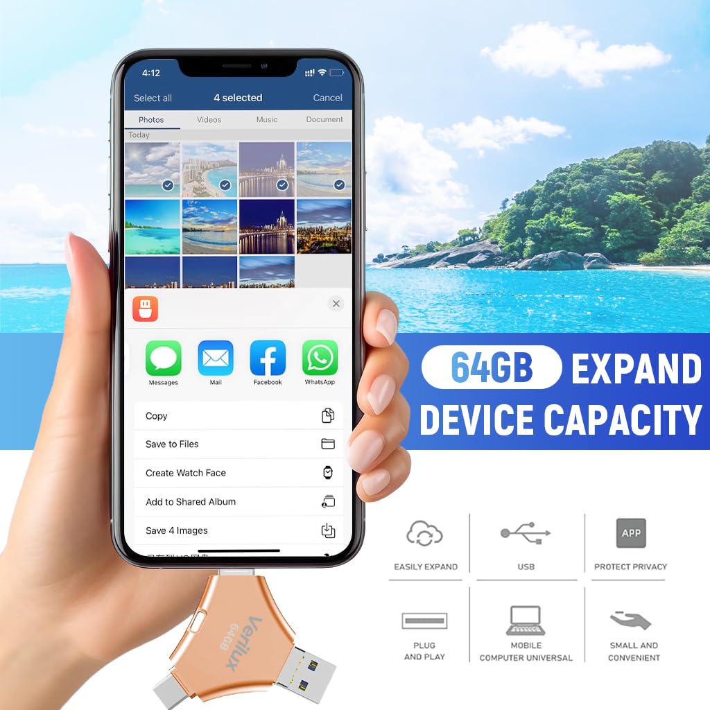 Verilux Pendrive 64 GB for iPhone and Android with 4 in 1 USB Ports and Metal Keychain Design