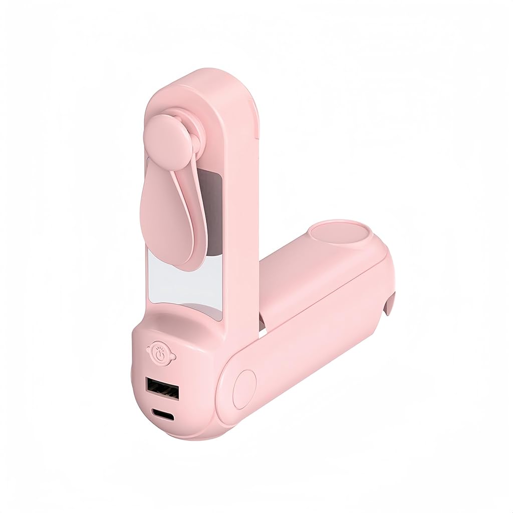 Verilux® Folding USB Fan Multifunctional 4 in 1 Pocket Fan with LED Light & Mirror 3-Speed Cooling Fan Portable Travel USB Rechargeable Pocket Fan with Lanyard