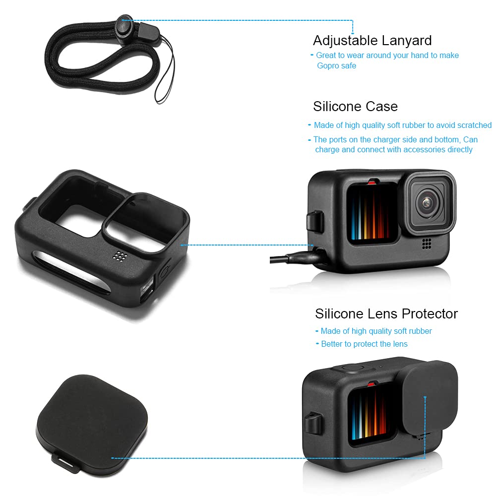 ZORBES® 7pcs Hero 9/10 Accessories Kit -Waterproof Case Tempered Glass Screen Protector Lens Protector HD Front Display Lens Protector Silicone Rubber Protective Case Silicone Lens Cover
