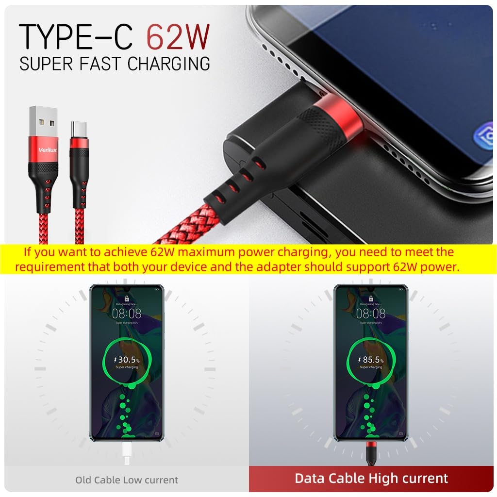 Verilux USB to Type C Cable 10ft for Fast Charging and Data Sync | Nylon Braided 62W