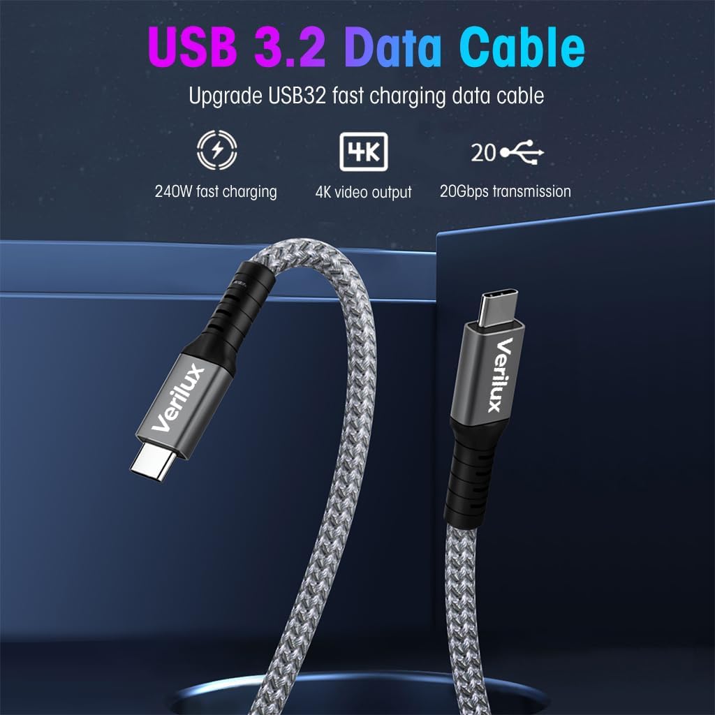 Verilux Type C Cable 4.9 ft for Fast Charging and 20Gbps Data Transfer | Supports 4K 60Hz Display