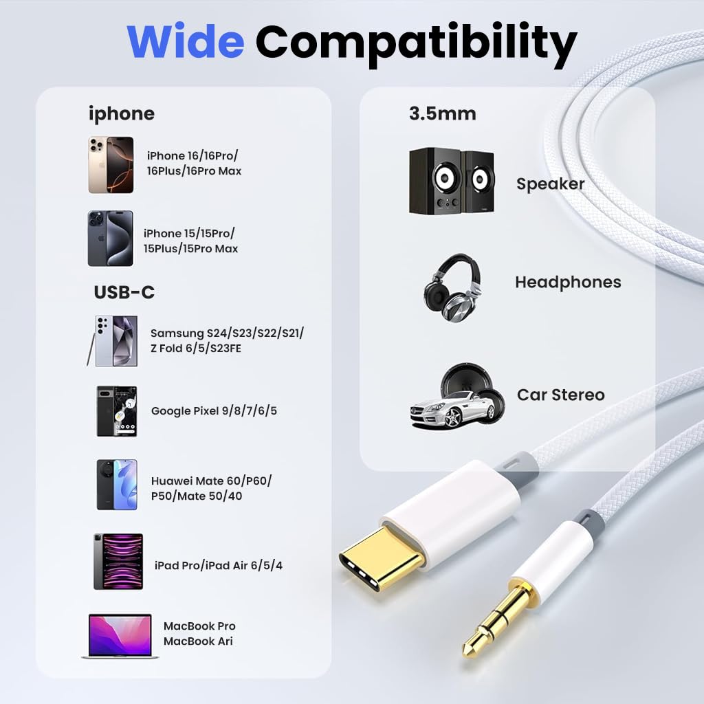 Verilux USB C to 3.5mm Audio Cable for Car and Home Use with 1.2m Length featuring 24Bit DAC Chip | Aluminum Alloy and Nylon Braided Design