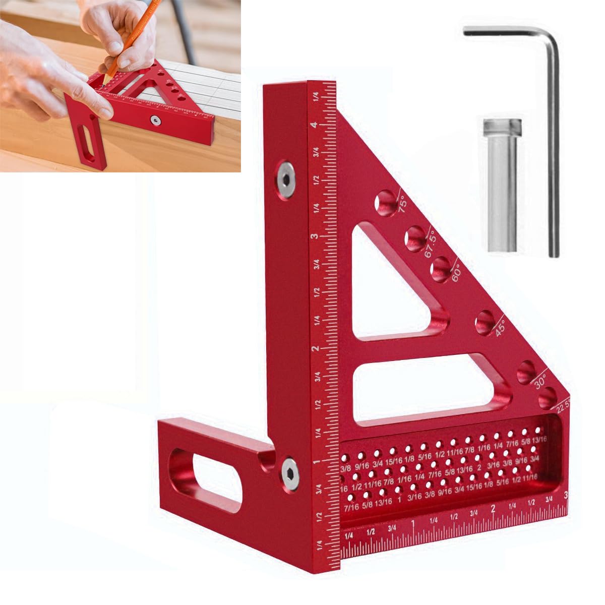 Serplex® 3D Multi Woodworking Triangle Ruler, High Precision Aluminum Alloy Square Protractor & Drill Guide, Laser-Etched Metric Carpenter Tool for Drawing, Scribing, Hole Marking & Measuring