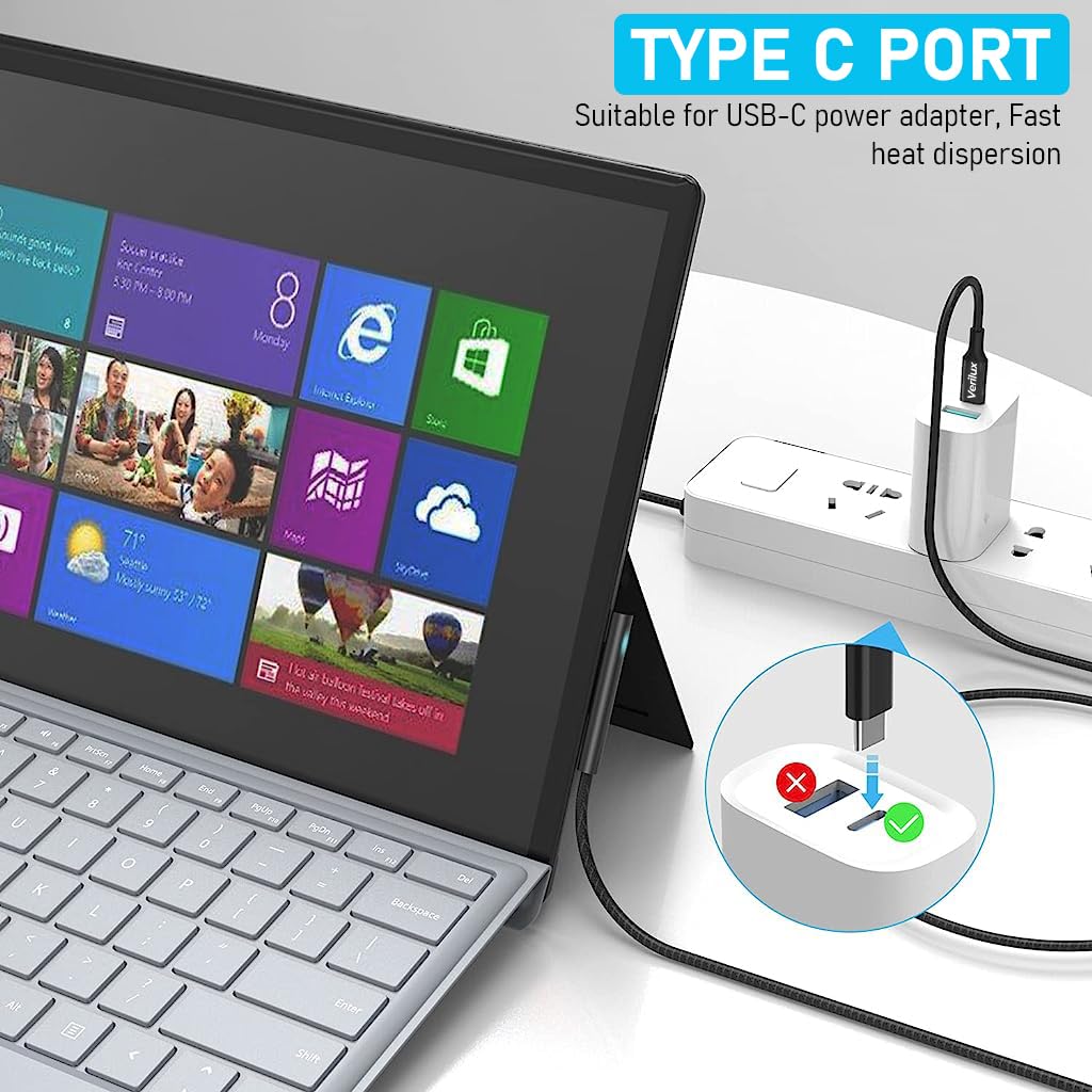 Verilux Type C Charging Cable for Microsoft Surface 5.9ft 45W with Magnetic Connector | Nylon Braided