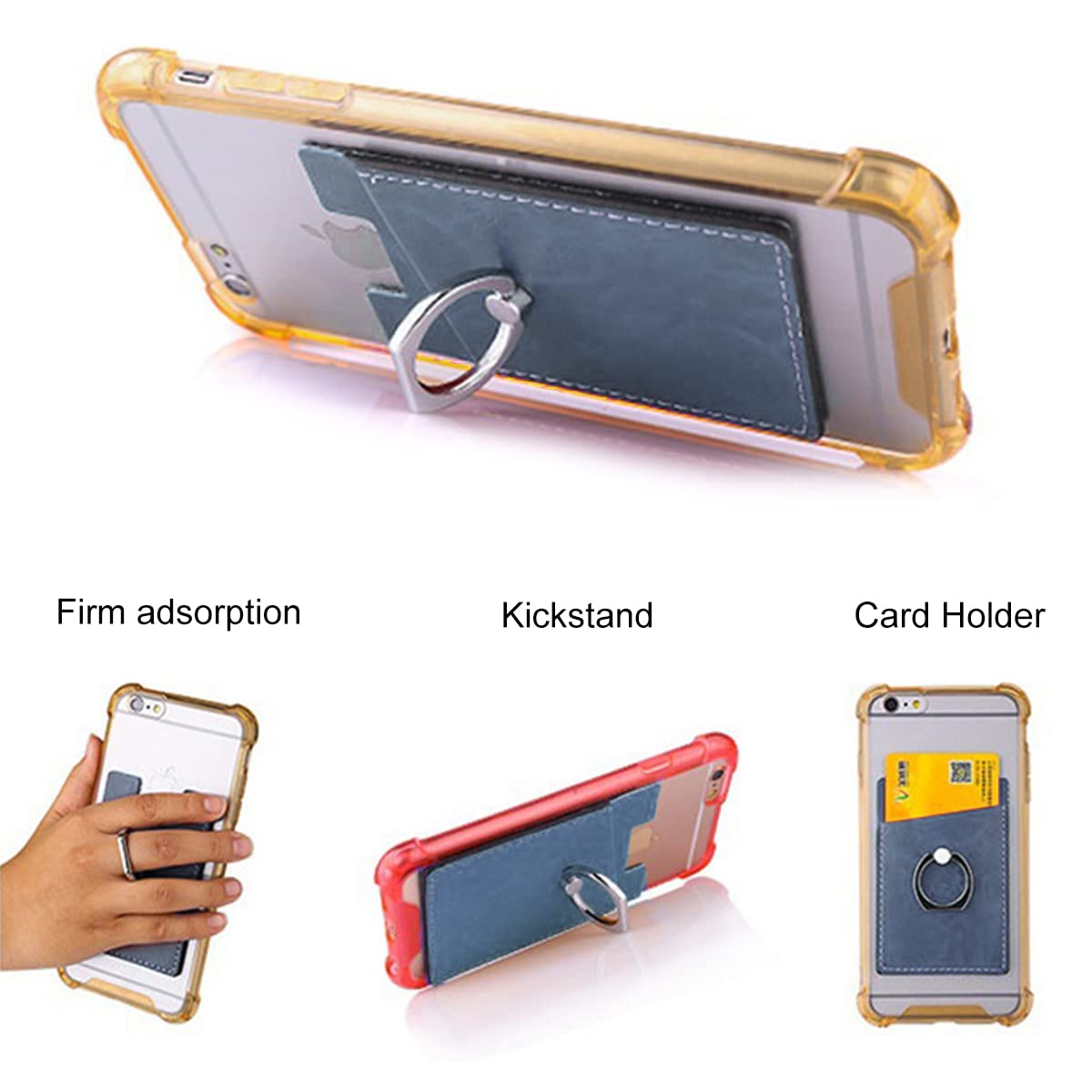 Verilux Phone Card Holder for Smartphones with 360° Rotatable Finger Ring | Blue PU Leather 10.3×6.1 cm