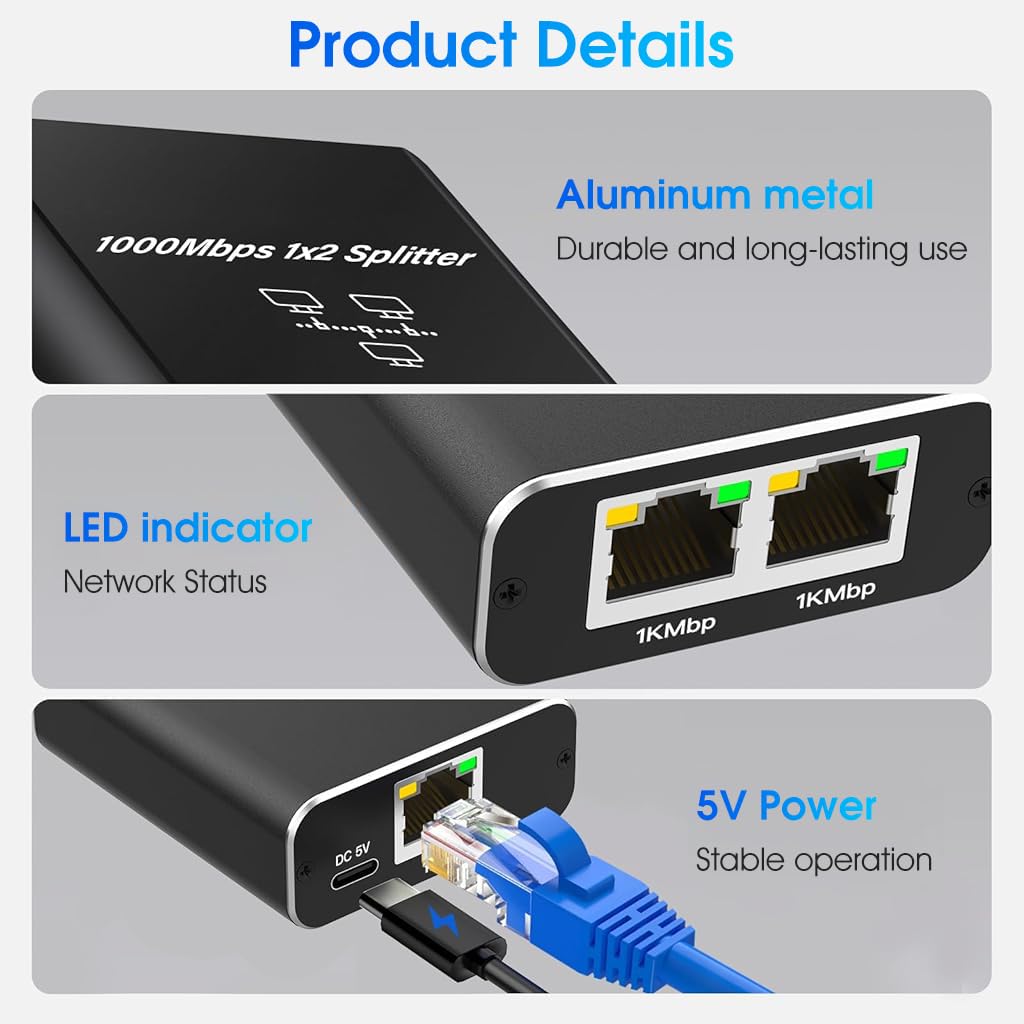 Verilux® Ethernet Splitter USB C Powered 1000Mbps 1 to 2 Ethernet Splitter Ethernet Network Splitter Portable Gigabit Ethernet Splitter for Home, Office, Travel