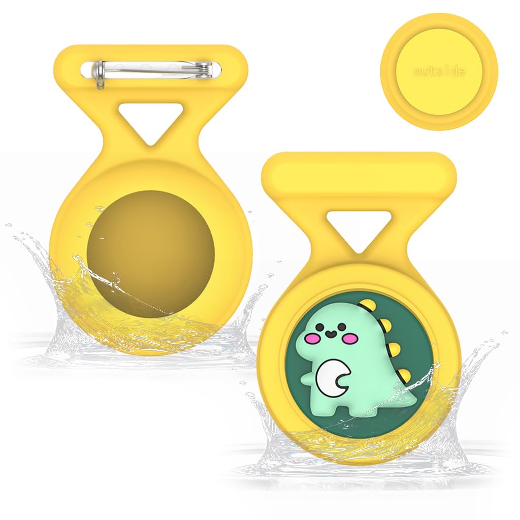ZORBES® Waterproof AirTag Holder Cartoon Dino Yellow Brooch Pin AirTag Holder Silicone Waterproof AirTag Holder Anti-Lost Brooch Pin AirTag Holder for Kids, Luggage, Bag, Backpack
