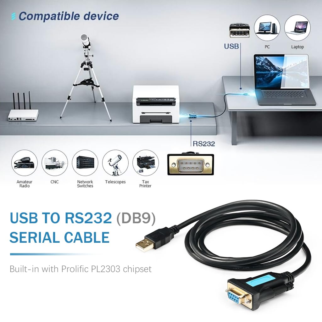 Verilux USB to RS232 Adapter Cable for Modem and Scanner with PL2303 Chipset 6.6FT Black