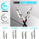 Verilux Type C Cable 4 in 1 for iOS and Android with 240W PD Fast Charging featuring Spiral Elastic Design and RGB Indicator | 6.5 ft Stretchable 3 Pack