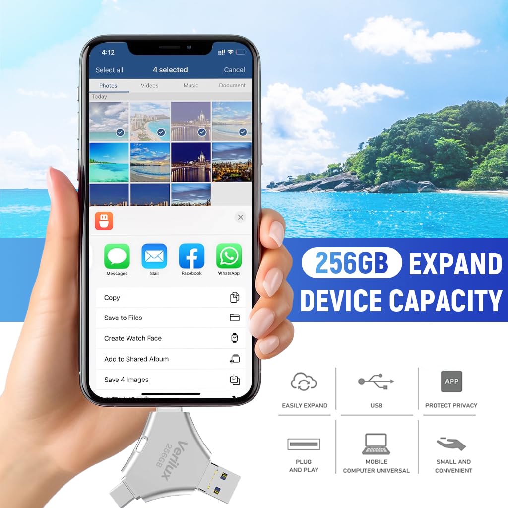 Verilux Pendrive 256GB for iPhone and Android with 4 in 1 Type C USB Ports | White Metal Design
