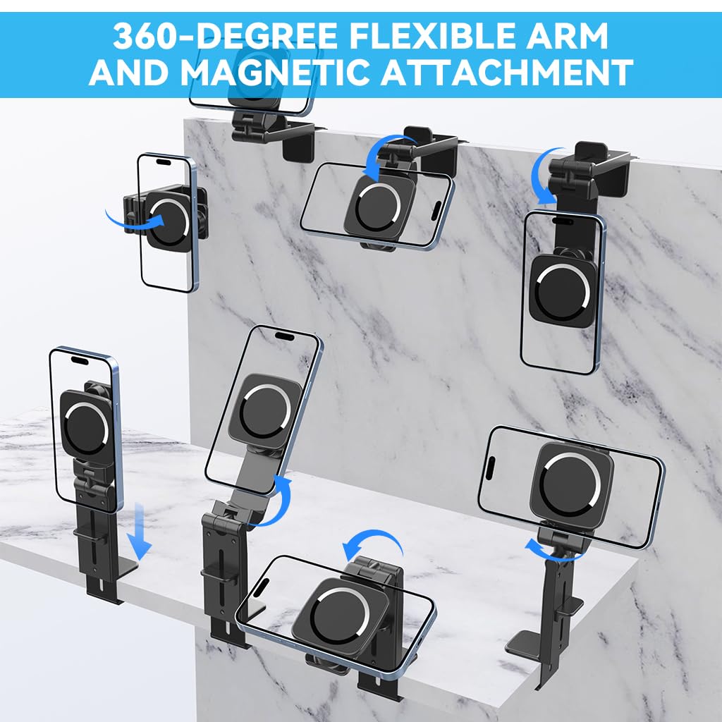 Verilux® Mobile Phone Stand, 360° Rotatable Mag-netic Phone Holder, Easy Clip On Phone Holder As Travel Accessories, Folding Travel Mag-netic Phone Holder for Desk, Airplane Seat Tray, Car Seat