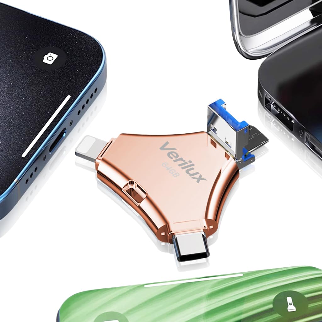 Verilux Pendrive 64 GB for iPhone and Android with 4 in 1 USB Ports and Metal Keychain Design
