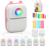 Zeitel® Mini Bluetooth Thermal Printer with LED, Portable Label Inkfree Mini Printer for Android & iOS System, Black on White Thermal Printer with 13 Roll of Paper, 5 Color Pen, 1 Kuromi Sticker, Pink