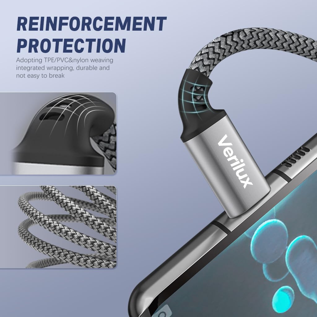 Verilux Type C to Type C Cable for Fast Charging with 60W PD and 9.8 ft Nylon Braided Design