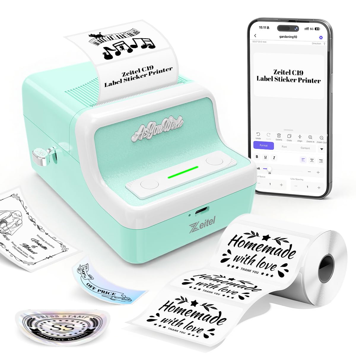 Zeitel® Mini Thermal Label Printer Machine Bluetooth Portable Printer 30mm/s Wireless Vintage Label Maker, 20-50MM Adjustable Width, Mobile & Desktop Compatible, with 1 Roll 40x30mm Label