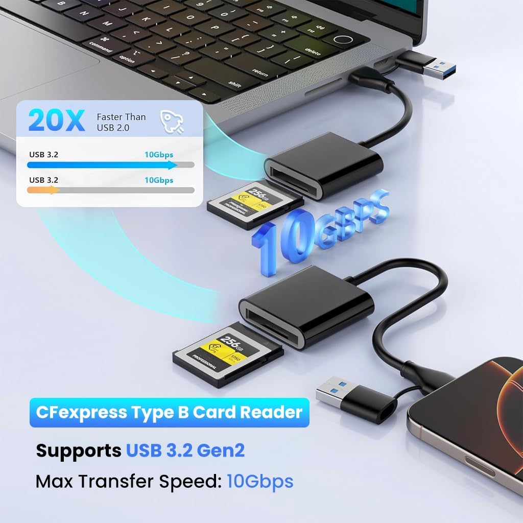 Verilux Card Reader for CFexpress Type B with USB 3.2 10Gbps Transfer Speed | Dual Type C and USB Design