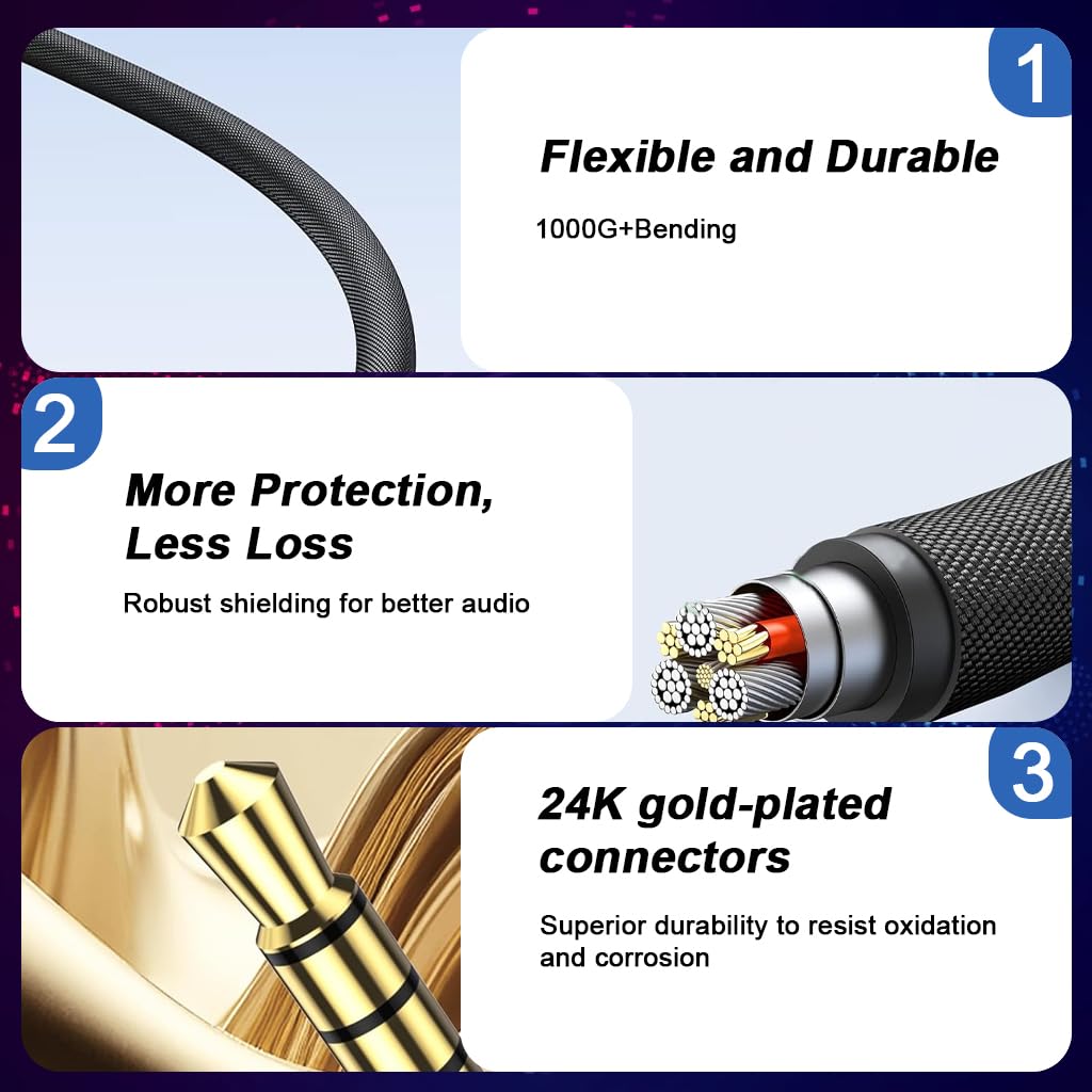 Verilux Aux Cable for Car and Speakers featuring 4‑Pole TRRS Jacks 9.8 ft Nylon Braided | Gold‑Plated Connectors