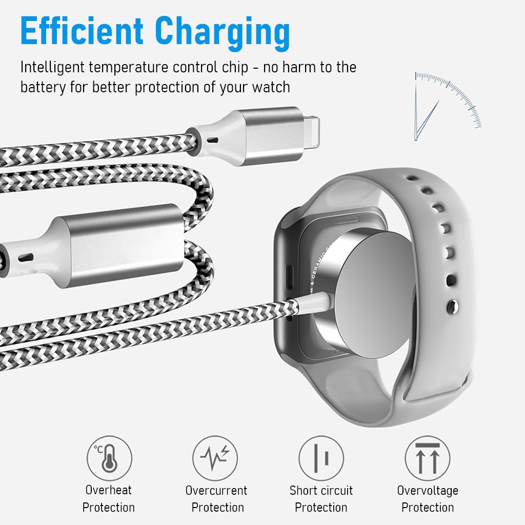 ZORBES® For Apple Watch Charger 2-In-1 Smart Watch Charger For Apple Watch Se/6/5/4/3/2/1&For Iphone 14/13/12/11/Pro/Max/Xr/Xs/X/Airpods Series For Apple Watch Charger Cable Charging,3.3Ft,Silver