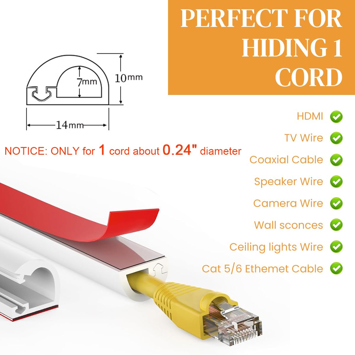 Serplex 6.6ft PVC Cord Cover Floor Cable Hider with Self Adhesive Back-White